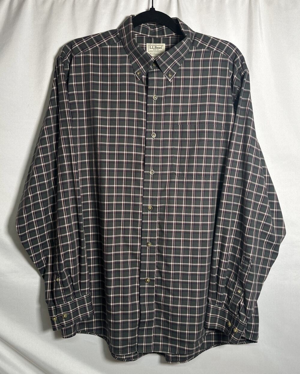 L.L. Bean Shirt Men's Size Large Green Plaid Button Front Long Sleeves Cotton